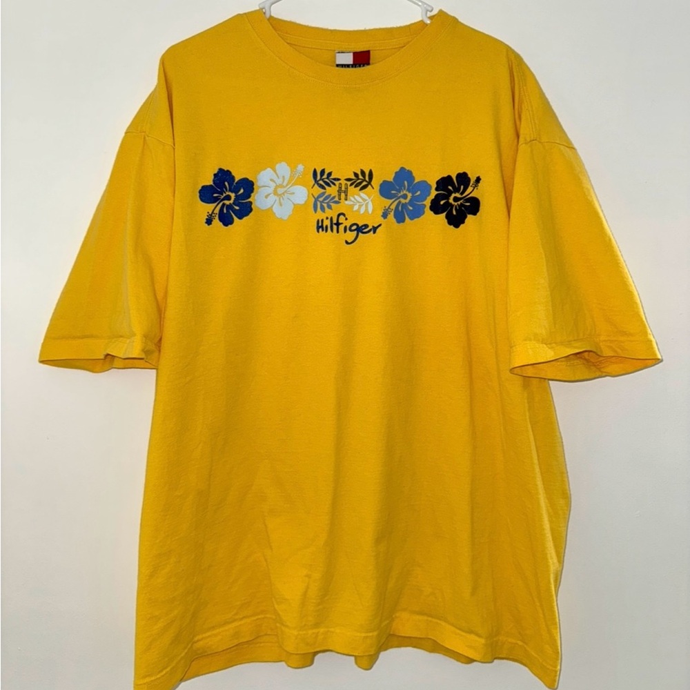 Vtg Tommy Hilfiger Men’s T Shirt‎ Hawaiian Surf Floral Mustard Yellow Size XL